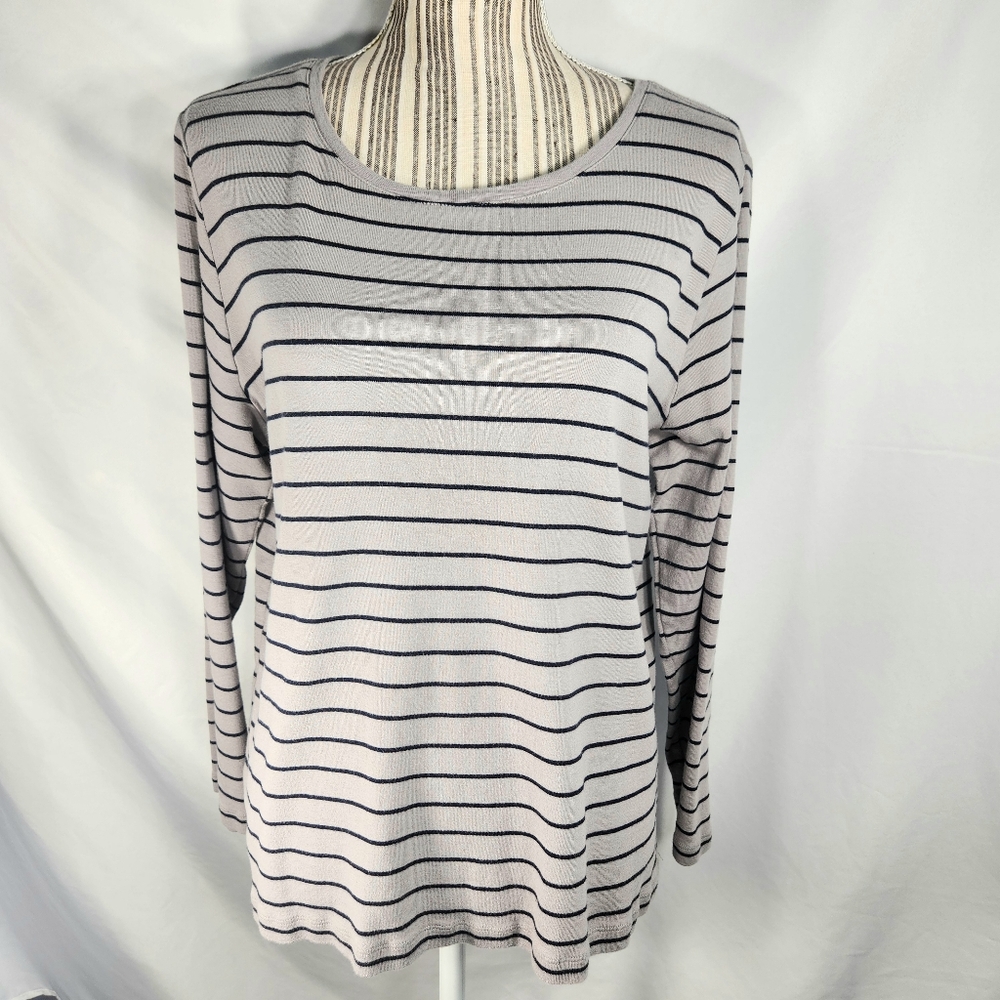 CJ Banks Grey & Black Striped 100% Cotton Long Sleeve Pullover Top Size XLarge